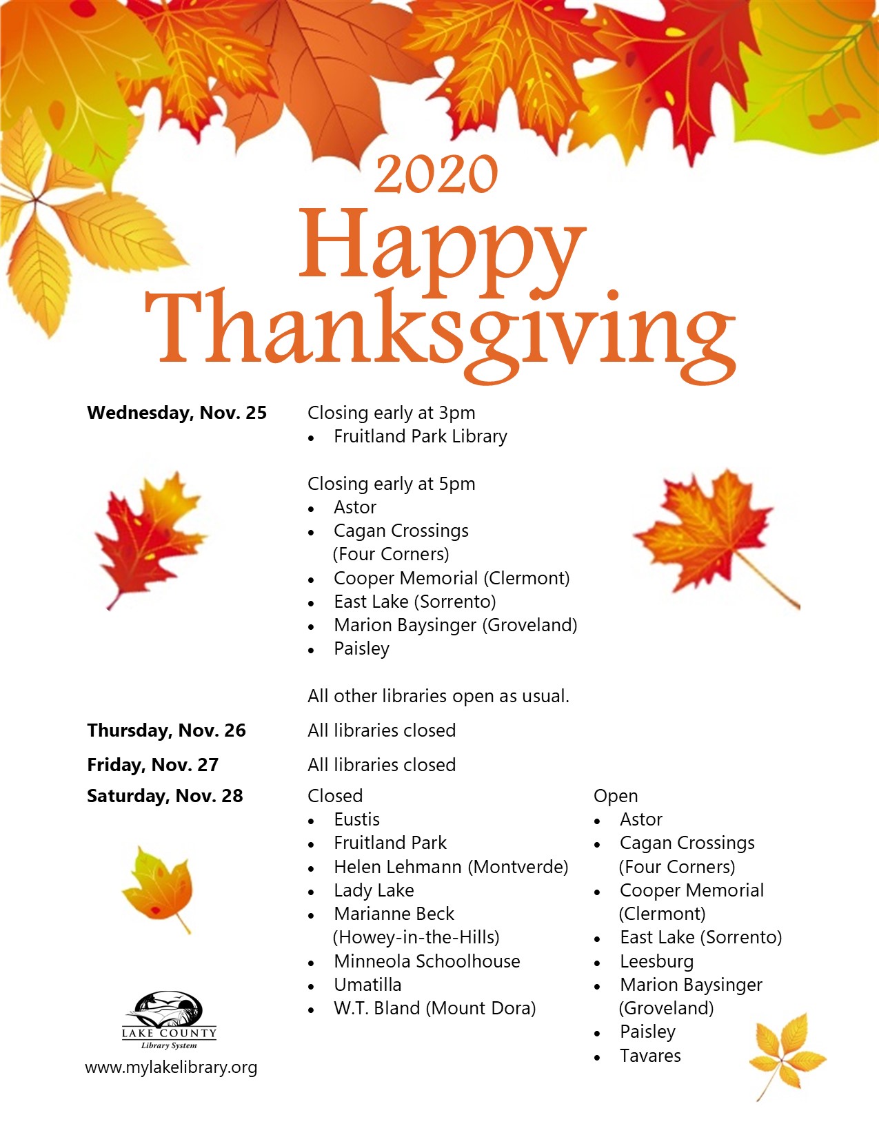 News Release: Thanksgiving holiday schedule (Nov. 25-28, 2020)